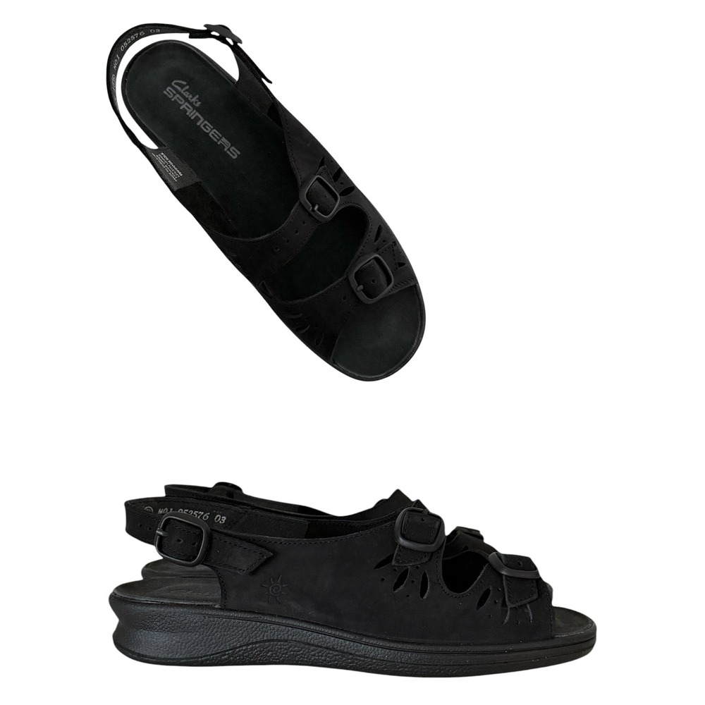 Clarks Springers Black Leather Slingback Wedge Sandals Made in England Size 8.5